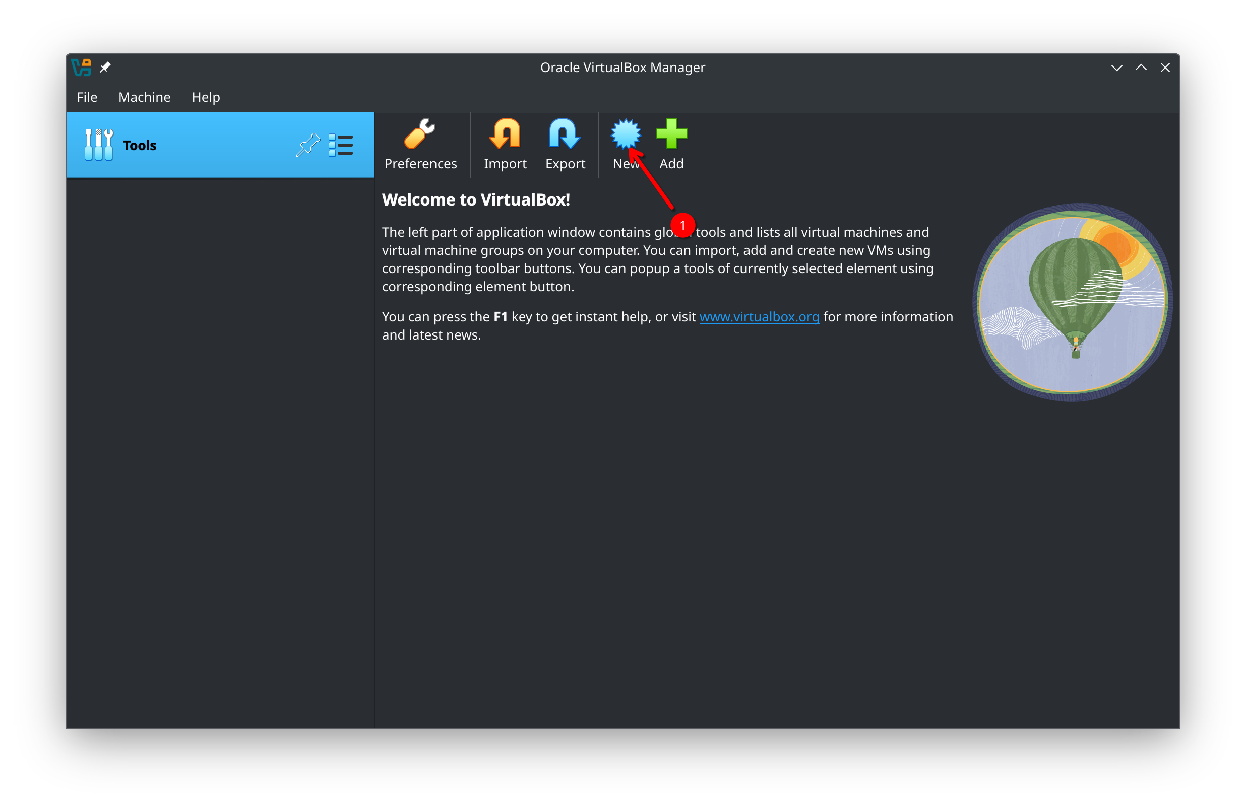VirtualBox Manager main screen with New button highlighted