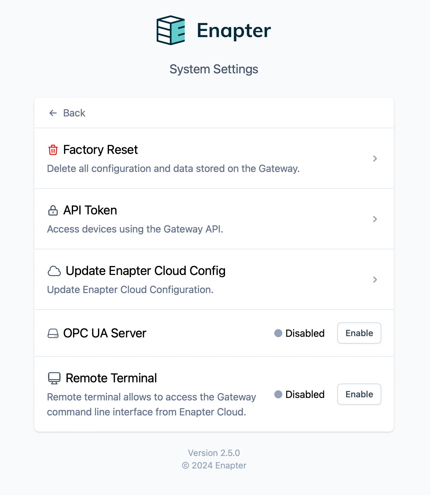 Enapter Gateway Settings Page